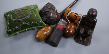 A collection of treen, a commemorative pin cushion and a pipe, etc.
