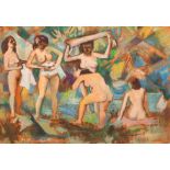 Modern British, oil on canvas, Female bathers beside a river, 69 x 92cm, unframed and a similar