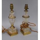 A pair of French gilt metal mounted glass table lamps