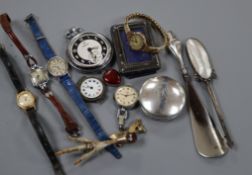 A lady's 9ct wristwatch, other watches, silver pill box and sundries.