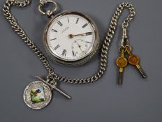 A late 19th century American silver Waltham open face pocket watch with silver albert and silver