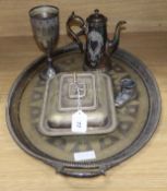 A Victorian plated two handled tea tray and other plated items