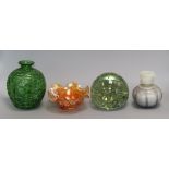 A textured green glass vase, possibly Palme Koenig, a glass dump, a Carnival glass bowl and a grey