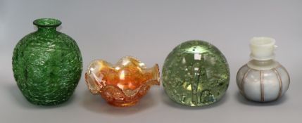 A textured green glass vase, possibly Palme Koenig, a glass dump, a Carnival glass bowl and a grey