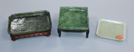 A Chinese spinach jade tray and two other trays (one a.f.)