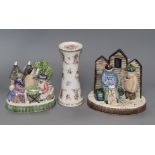 Two Rye Pottery figure groups, 'The Net Menders' and 'The Hop Pickers' and a 'Dresden Flowers' hat