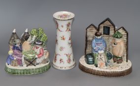 Two Rye Pottery figure groups, 'The Net Menders' and 'The Hop Pickers' and a 'Dresden Flowers' hat