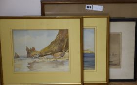 Henry Evison, 2 watercolours, Beach scenes, Jersey, signed, 22 x 28cm., a watercolour coaching scene