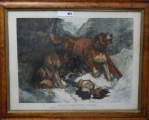 After Landseer, chromolithograph, Dogs of St Bernard rescuing a traveller, 49 x 64cm., maple framed