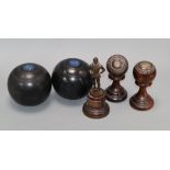 Three early 20th century bowls, trophies and two bowling balls