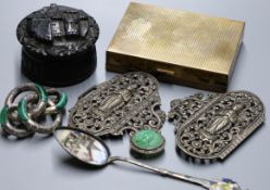 A white metal and malachite scrolling brooch, a buckle, Irish hardwood box, spoon and marcasite