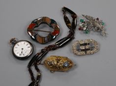 Mixed costume jewellery, fob watch and a Scottish hardstone brooch.