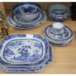 A group of 18th century Chinese export blue and white dishes, plates and a bowl