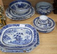 A group of 18th century Chinese export blue and white dishes, plates and a bowl