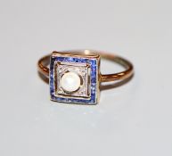 An Art Deco yellow metal, sapphire diamond and cultured? pearl set tablet ring, size K.