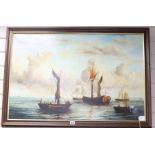 E. Ponthier, oil on canvas, Dutch shipping off the coast, signed, 60 x 90cm.
