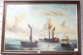 E. Ponthier, oil on canvas, Dutch shipping off the coast, signed, 60 x 90cm.