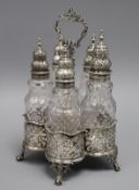 A George III silver cruet stand, William Plummer, London, 1775, with five bottles with unmarked