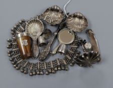 A pair of silver shell salts, a Victorian silver mounted horn tot and sundries.