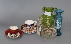 Three Mary Gregory style glass items, a silver mounted swan Derby cup and one other