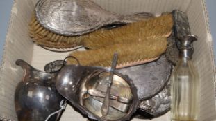 Six silver-mounted dressing table items, a Georgian helmet-shaped cream jug (a.f.), a silver sauce