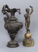 A Renaissance revival bronze putti and a ewer H. of bronze 25.5cm