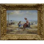 Roderick Lovesey, oil on board, Edwardian beach scene, signed, 19 x 24cm