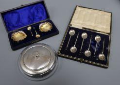 A pair of cased silver salts, spoons, powder bowl, whistle etc.