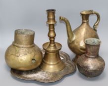 Two globular pots, a ewer, a candlestick and a tray Tallest 30cm