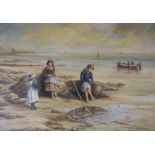 Roderick Lovesey, oil on board, Fisherman's children on the shore, signed, 34 x 48cm
