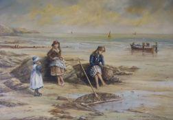 Roderick Lovesey, oil on board, Fisherman's children on the shore, signed, 34 x 48cm