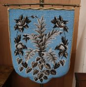 A Victorian brass polescreen with beadwork banner W.45cm