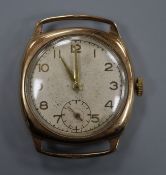 A gentleman's 1930's 9ct gold manual wind wrist watch, no strap.