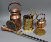 An 18th century brass mug, copper lamp, miniature kettle, shoe-horn and Negretti barometer Mug