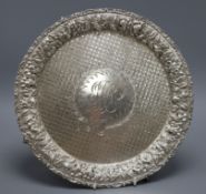 An American sterling white metal presentation circular tray with embossed rose border. 30.8cm, 17.