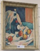 French School, oil on canvas, Still life of a Benedictine bottle and apples, 37 x 29cm.