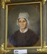 19th century Flemish School, oil on canvas, Portrait of a woman wearing a bonnet, 26 x 20cm