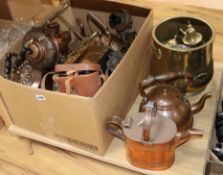 A quantity of Victorian and later copper and brassware, a pair of service night binoculars, etc.