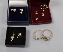 Two 9ct gold and gem set rings and two pairs of dolphin ear studs etc.