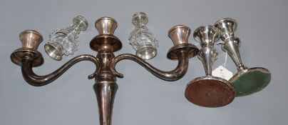 A pair of silver dwarf candlesticks, an 800 white metal candelabrum & pair of Baccarat signed Remy