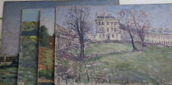 Paul Ayshford Lord Methuen (1886-1974) four oils on board; Royal Crescent, Bath, 36 x 54cm.Claverton