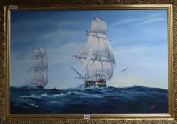 Peter J. Scott, oil on canvas, Sailing ships at sea, signed, 60 x 90cm.