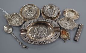 Two pierced repousse silver nut dishes, a silver dish, two Dutch white metal dishes and six other