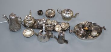 A collection of English and Dutch miniature silver and white metal tableware, including a
