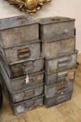 Twelve French metal trays, various sizes largest W.30cm