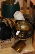 A brass hanging oil lamp, a table lamp and a coal scuttle