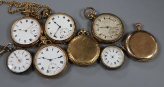 Two lady's silver fob watches and six gold plated pocket watches.