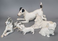 Two Bing & Grondahl dogs, two Augarten porcelain dogs and another (5)