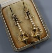 An ornate pair of 19th century yellow metal drop earrings, (French small guarantee and import