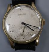 A gentleman's gold plated Eberhard manual wind wrist watch, on later associated strap.